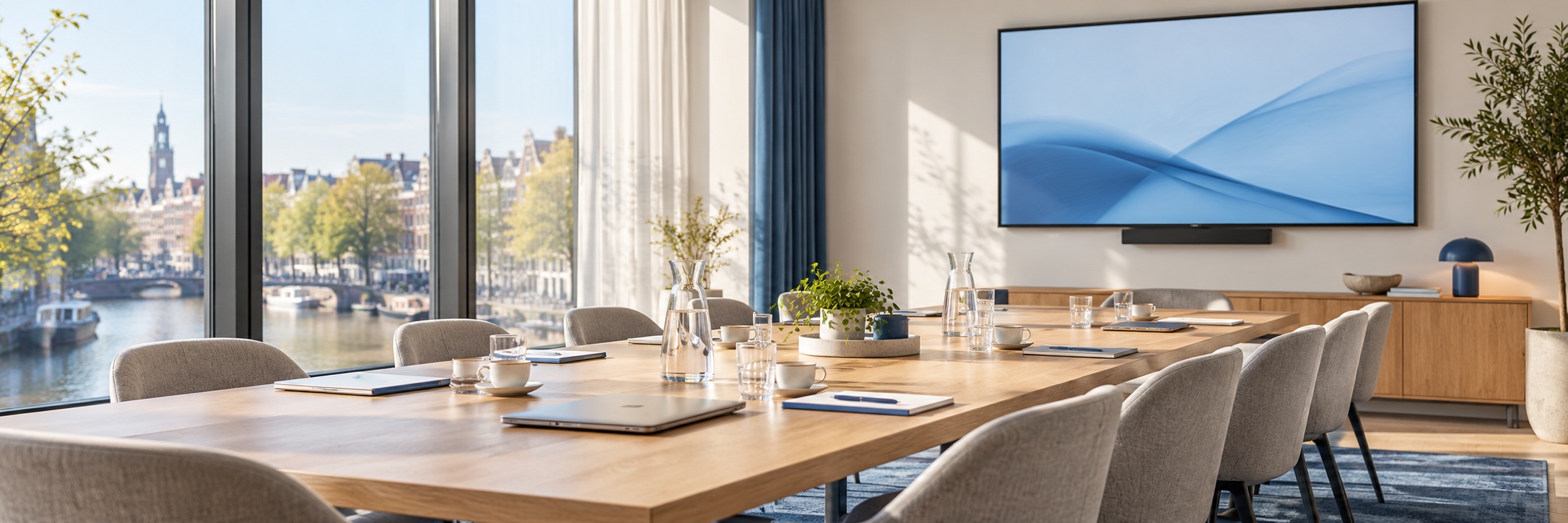 Lichte vergaderzaal met grote tafel en uitzicht op de gracht